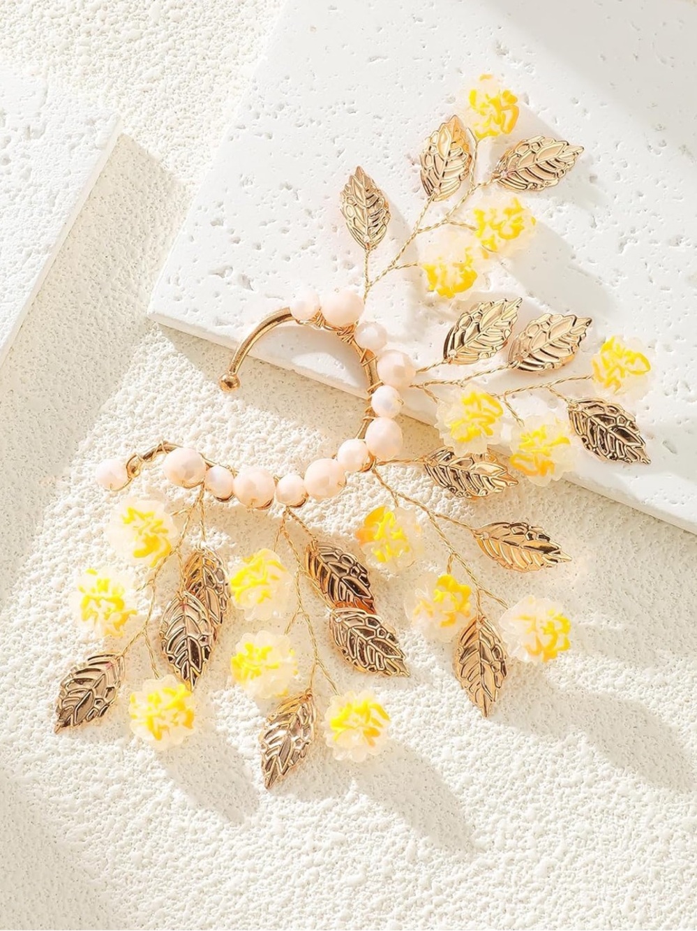Gold Floral Ear Cuff Fairy Goddess Ear Wrap | Pearl Beaded Leaf Branch Statement